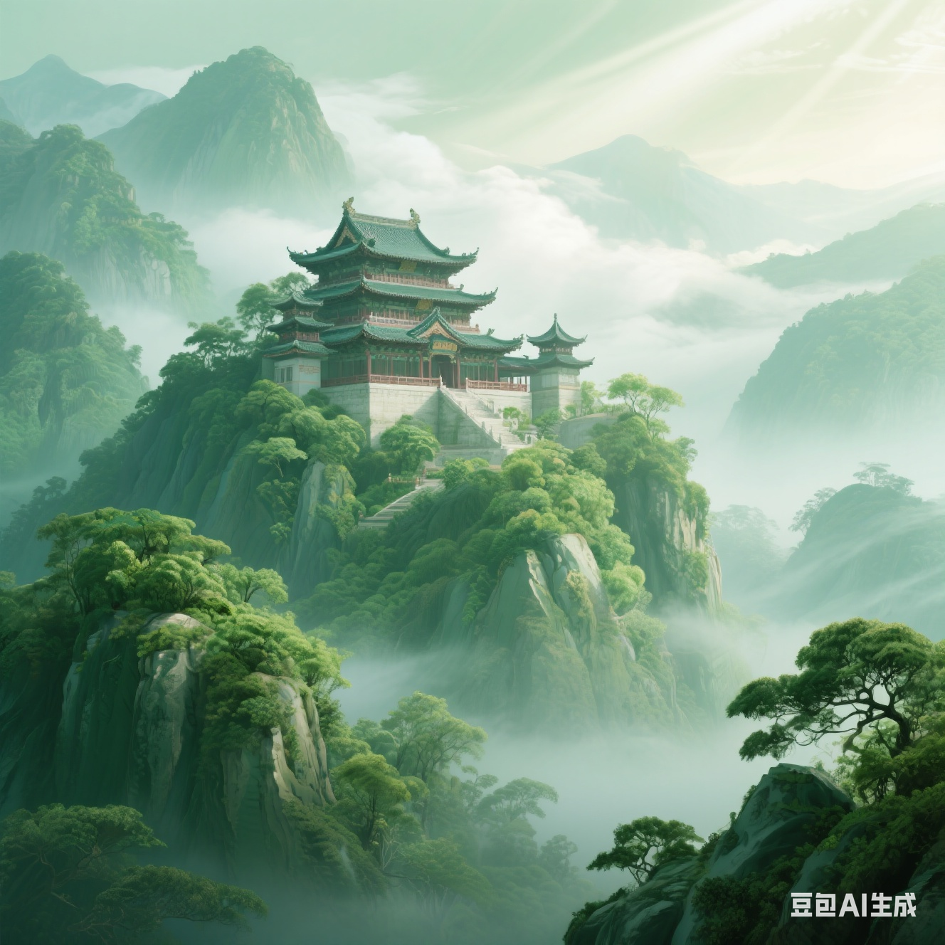 青黛色的山峦似被水墨晕染,层叠起伏间,一座巍峨宫殿群如蓬莱仙阁,自