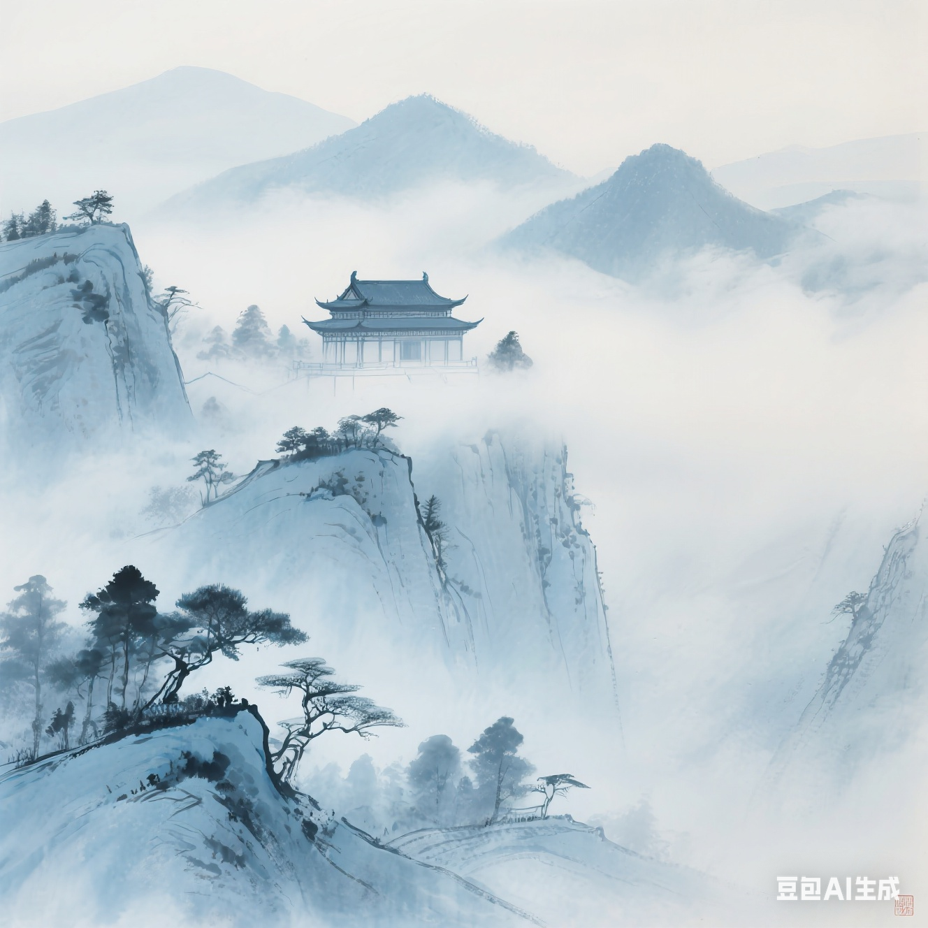 青黛色的山峦似被水墨晕染,层叠起伏间,一座巍峨宫殿群如蓬莱仙阁,自