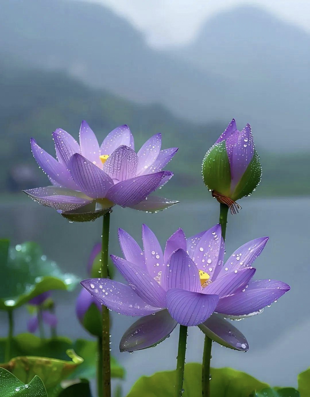 紫莲花沐浴着雨露的恩泽