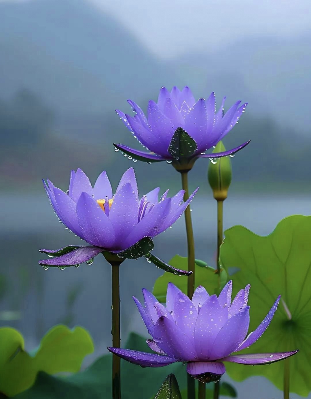 紫莲花沐浴着雨露的恩泽