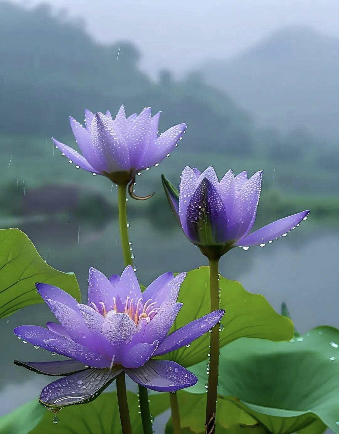 紫莲花沐浴着雨露的恩泽