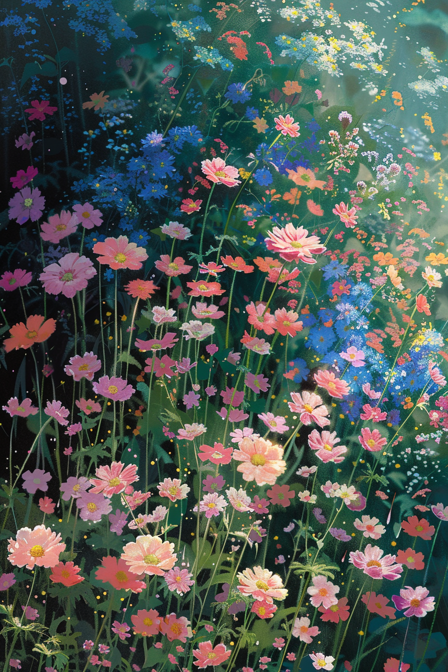 片如梦如幻的草地上,🌼粉色,白色和蓝色的花朵交织成一幅绚烂的油画