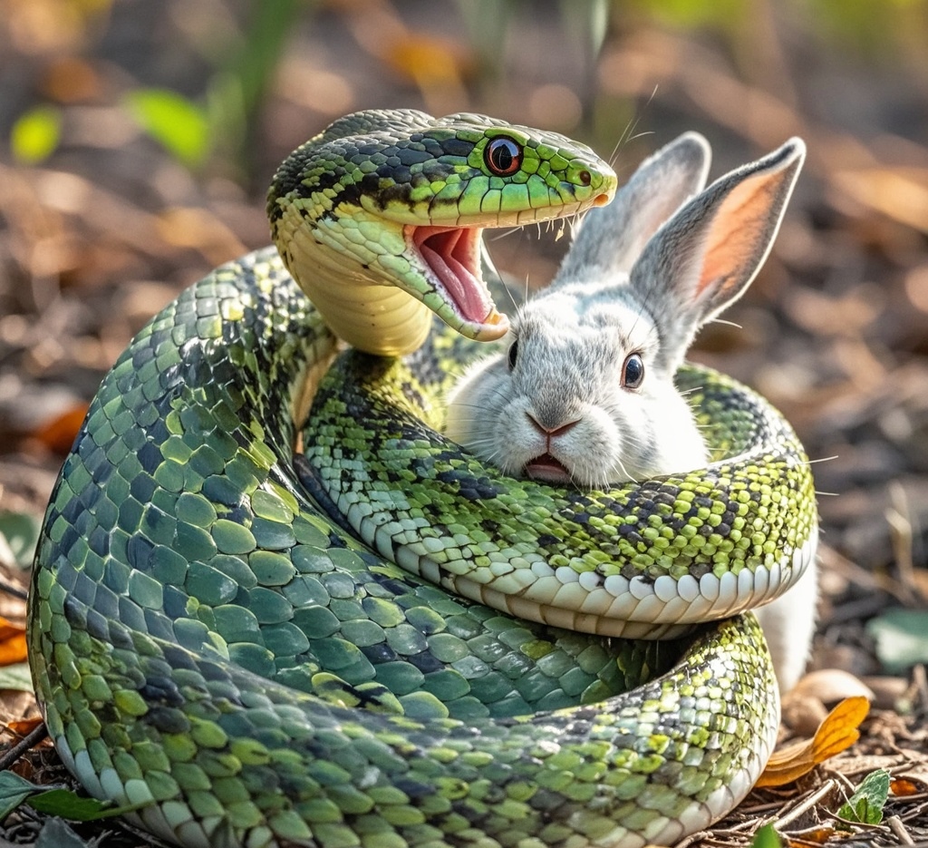 在一处树林地,一条大蛇竟将一只可怜的兔子紧紧缠住,血盆大口已张开