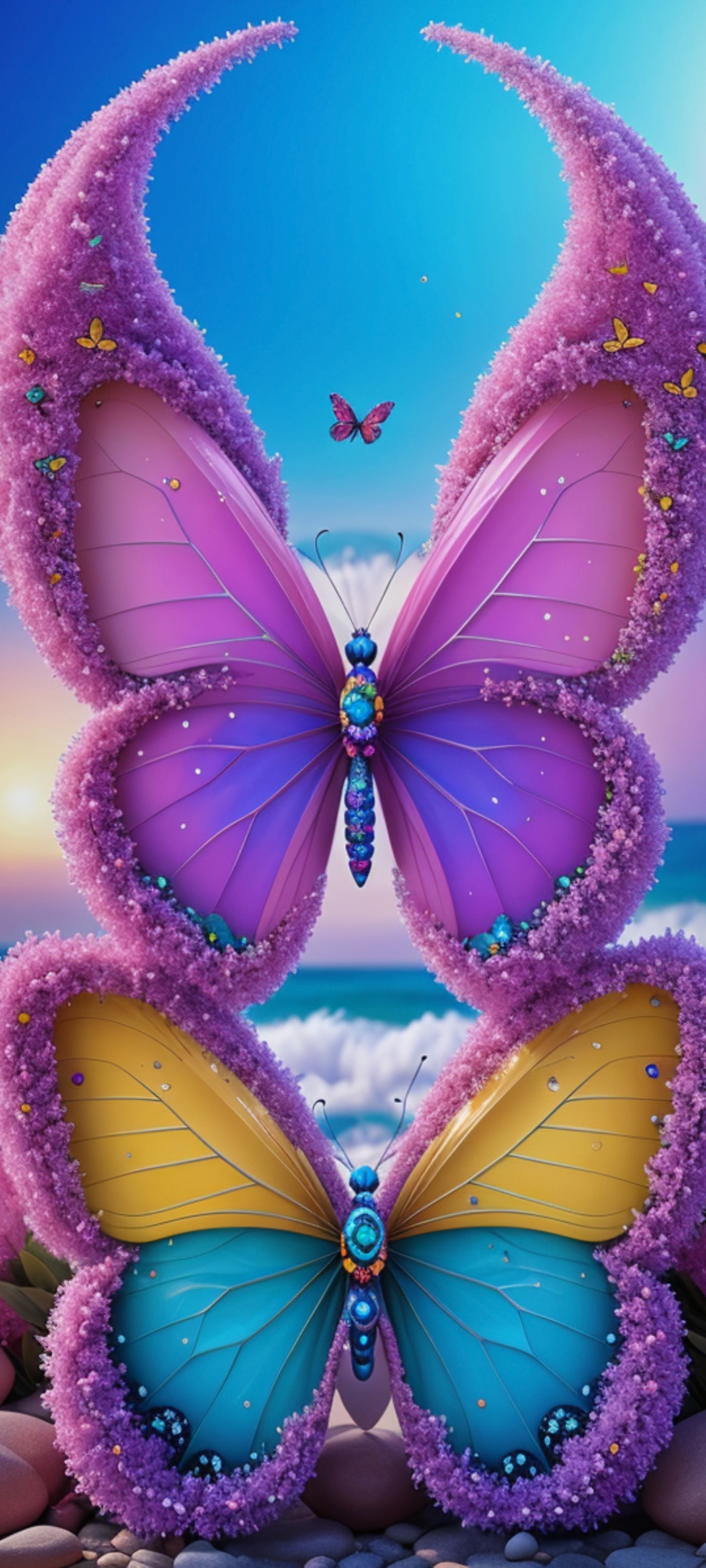 梦幻般的粉红色蝴蝶,翩翩起舞在粉色花海之中,翅膀上的金色细节梢耀