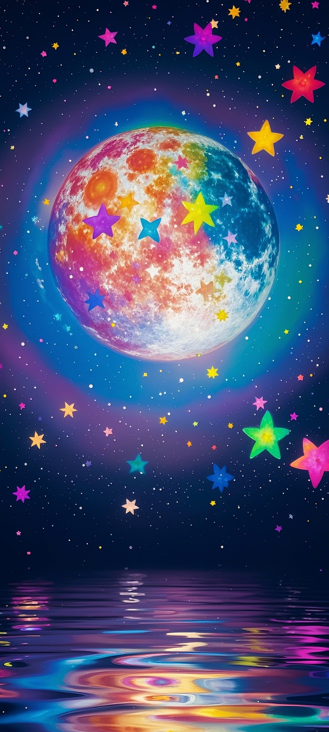 夜空中的彩虹月亮,星光闪烁在水面上,美得梦幻