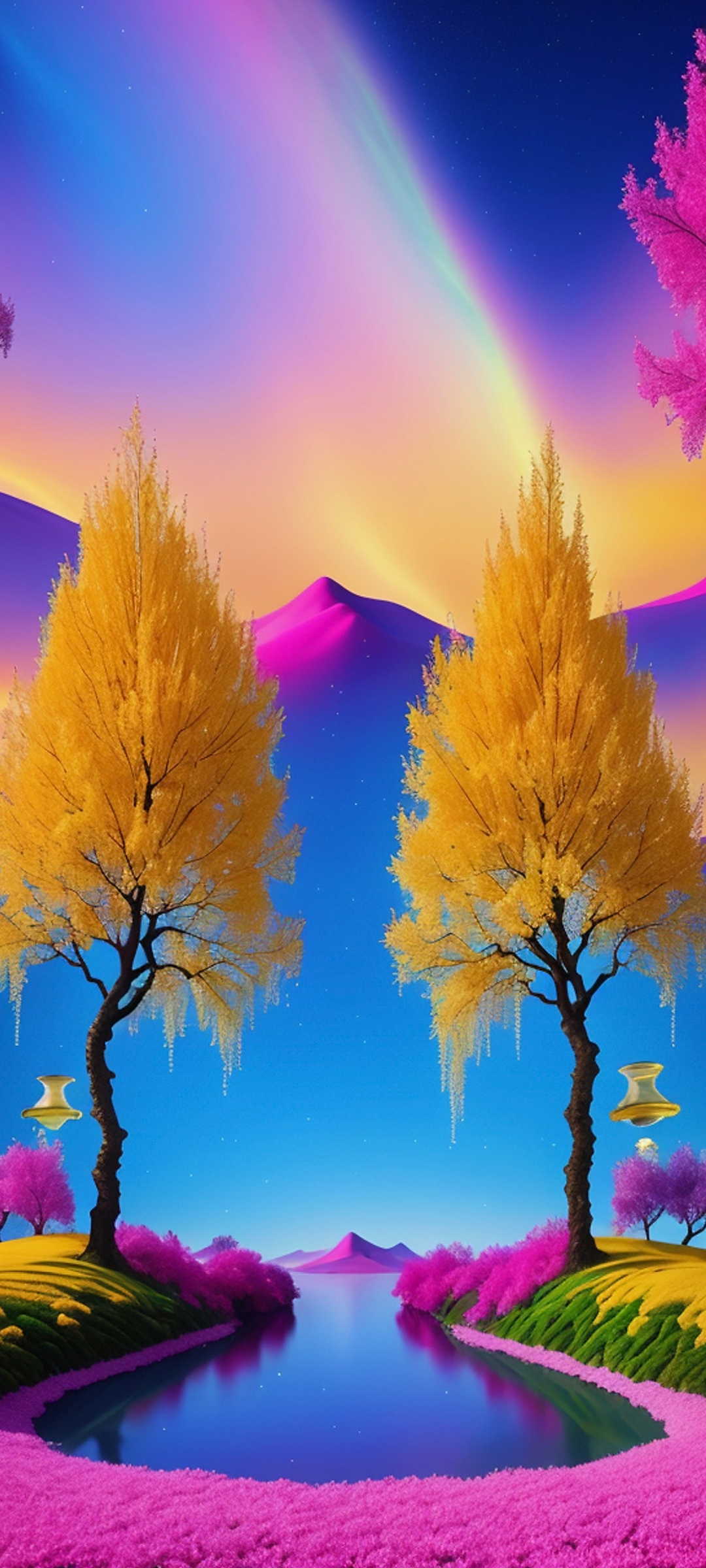 在这片五彩斑斓的天空下,一棵巨大的橙色与黄色交织的树矗立在天地