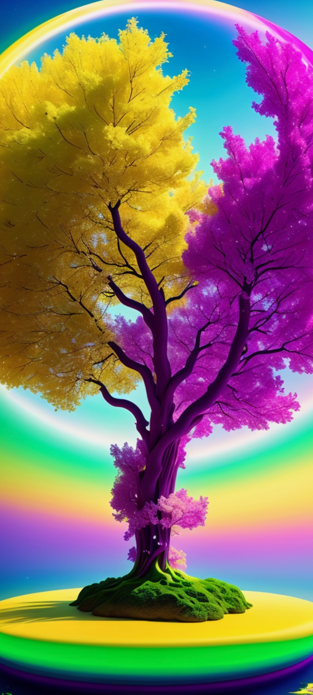 走进这片梦幻森林,一棵双色大树映入眼帘,黄色与紫色的碰撞,仿佛是大
