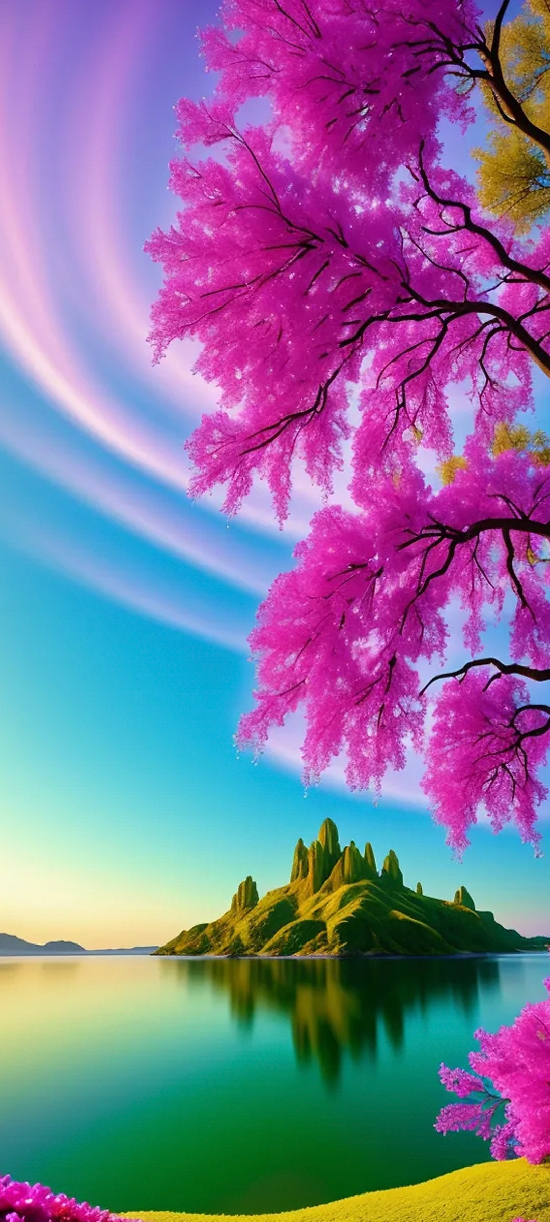 湖面平静如镜,倒映着碧空如洗的天空,仿佛天地融为一体.