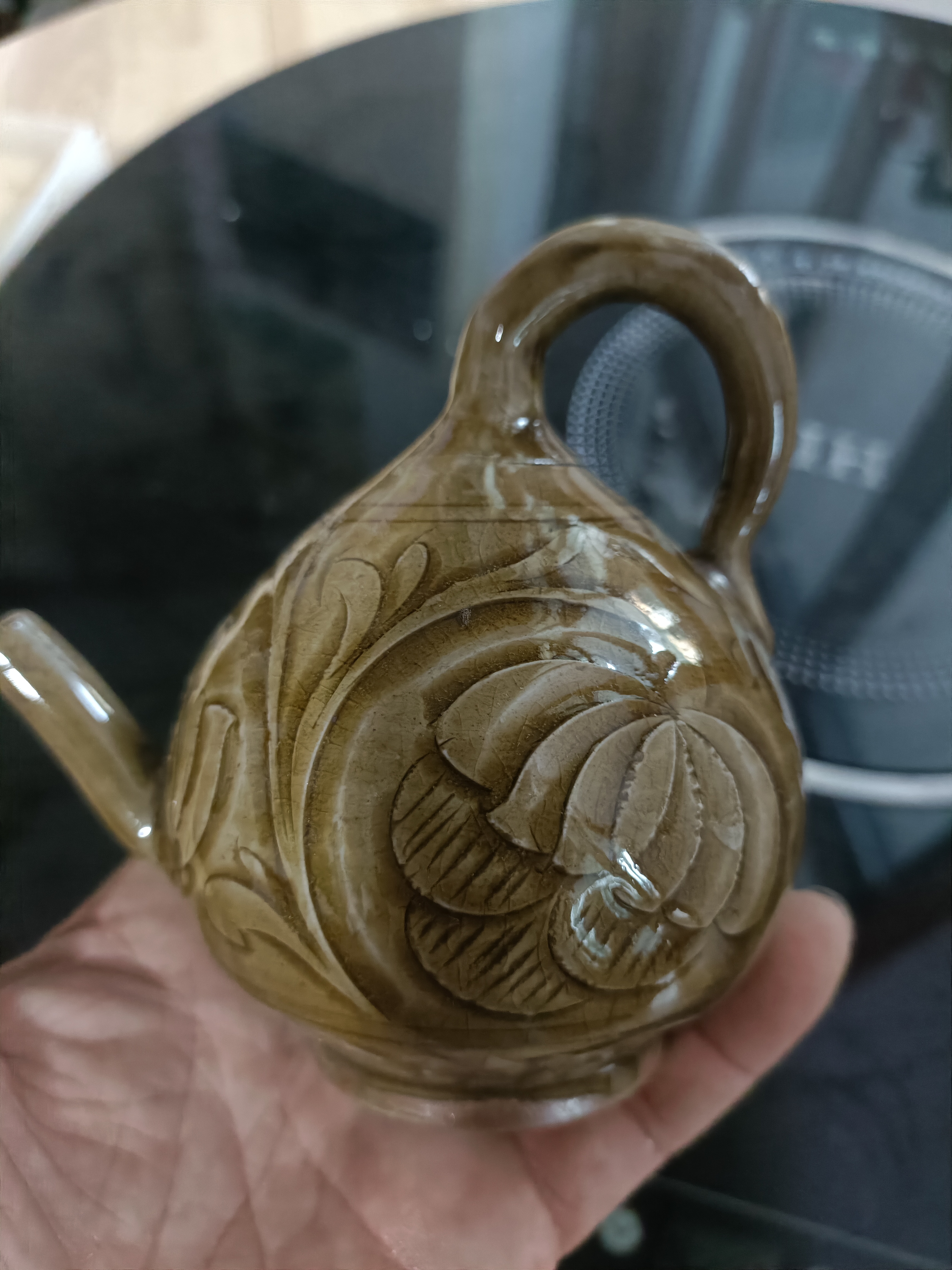 宋代耀州窑刻花倒流壶,开门老