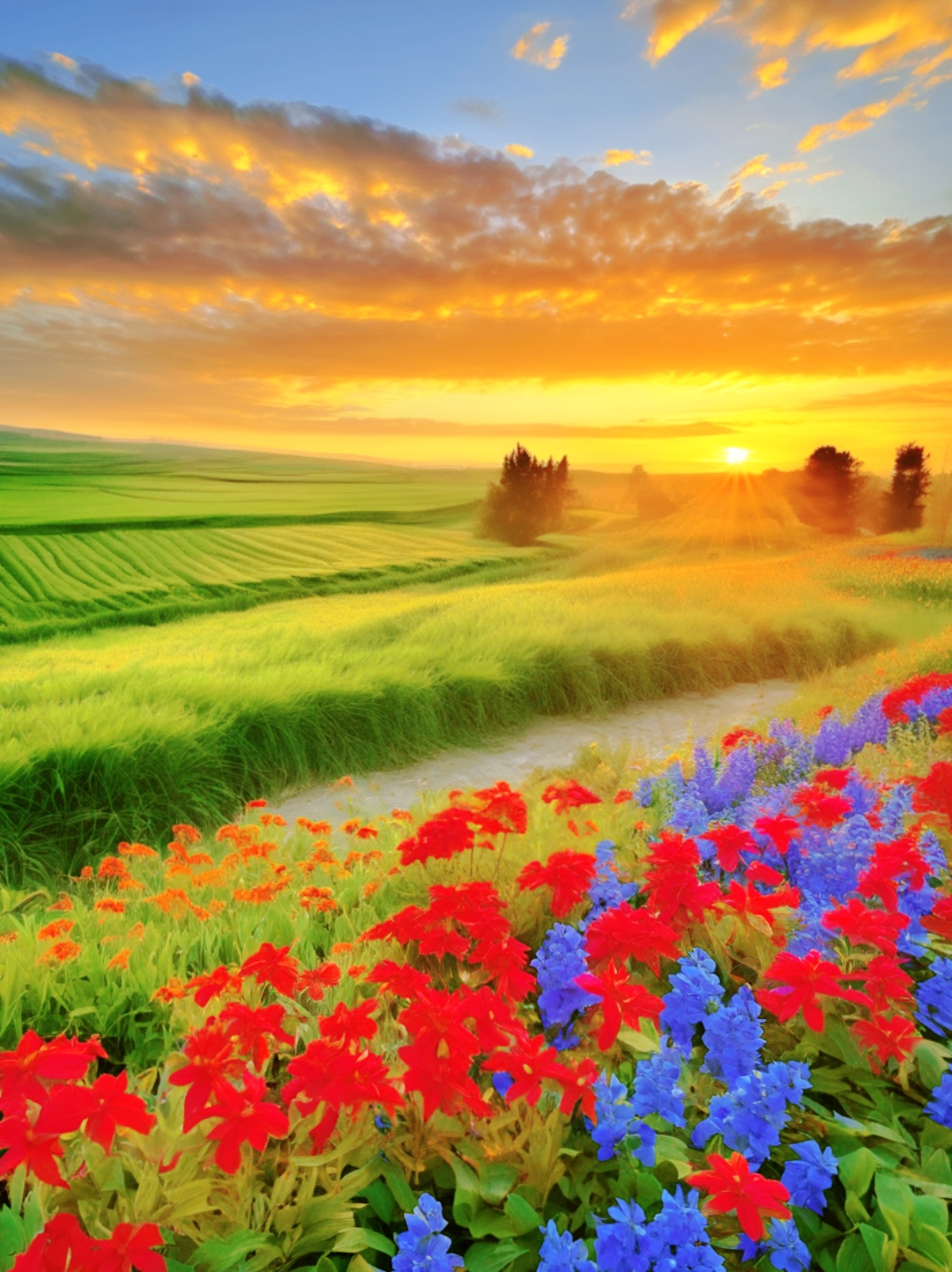 麦田的早晨,霞光与花朵的浪漫邂逅  在一片翠绿的麦田中,太阳升起