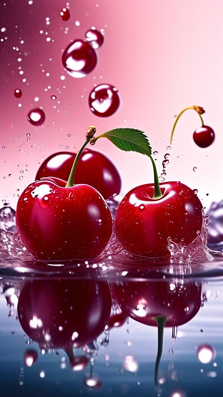 鲜亮的樱桃跃入水中,激起串串晶莹的水花,宛如绽放的夏日烟花,美不胜