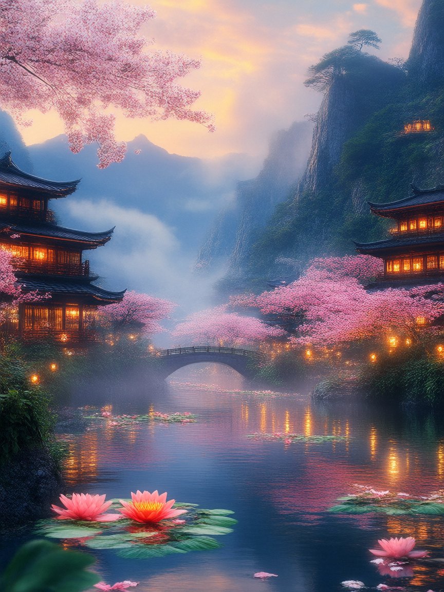 哇,这河景美得像幅画,粉樱下的小桥流水人家,真想在这古风画卷中泛舟