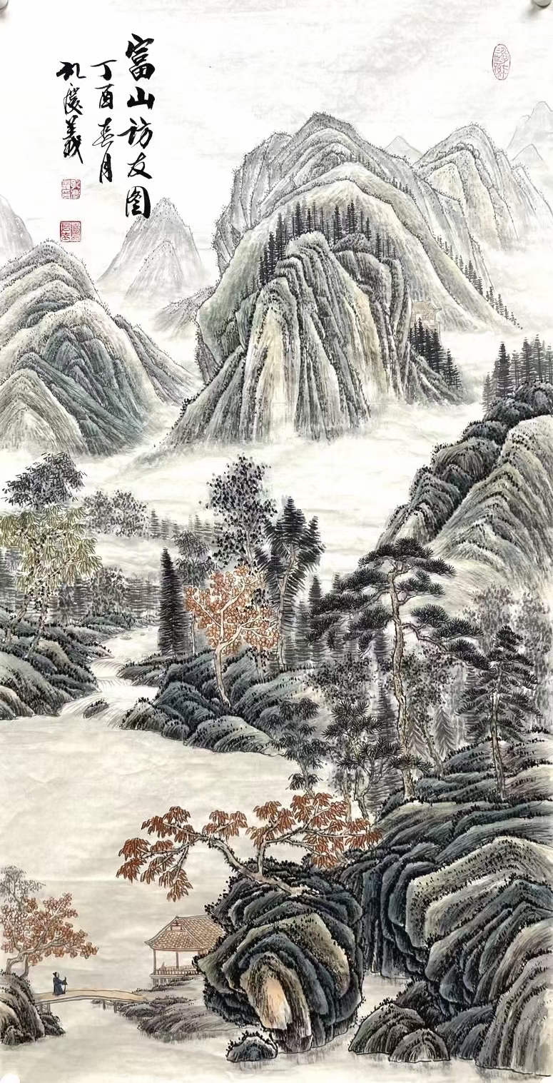 人民艺术家孔庆义老师的青绿山水画,在色彩上面没有特别鲜艳亮丽的