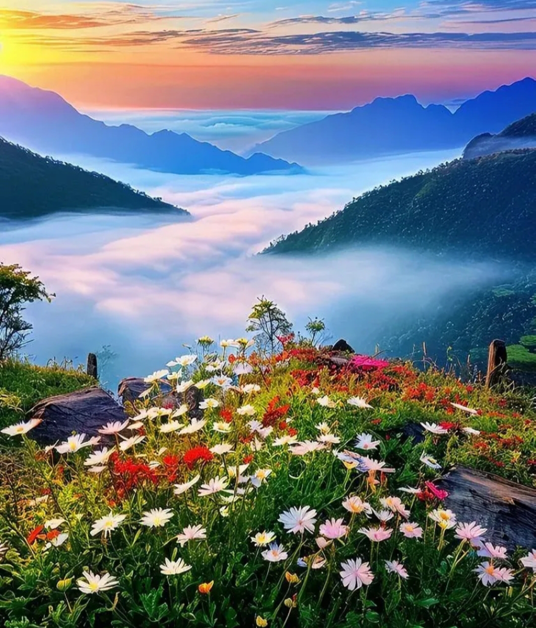 早上好,美好的清晨, 朝霞满天映眼帘, 阳光洒满大地间, 温暖万物醒