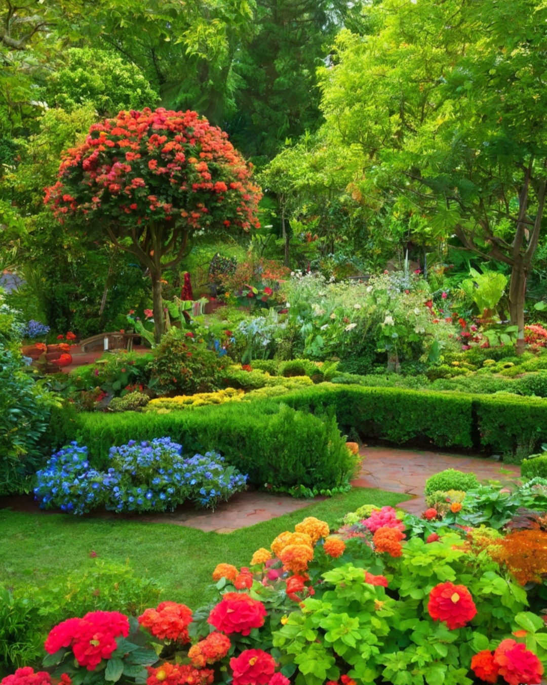 蜿蜒的小径两旁,绿色灌木修剪得整整齐齐,每一步都伴随着花草的芬芳