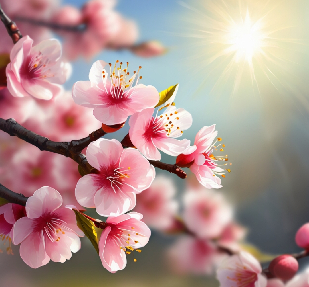 桃花盛开映日红,春风拂面暖阳中. 枝头含笑迎宾客,瓣瓣飘香醉意浓.