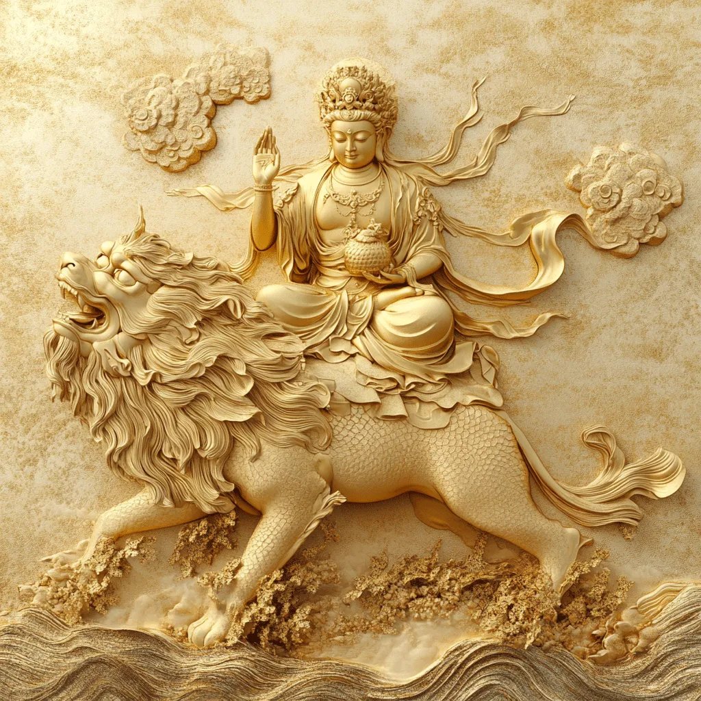 金佛骑雄狮喜金,水金佛庄严护四方狮吼激荡福源生威风凛凛财源至前程