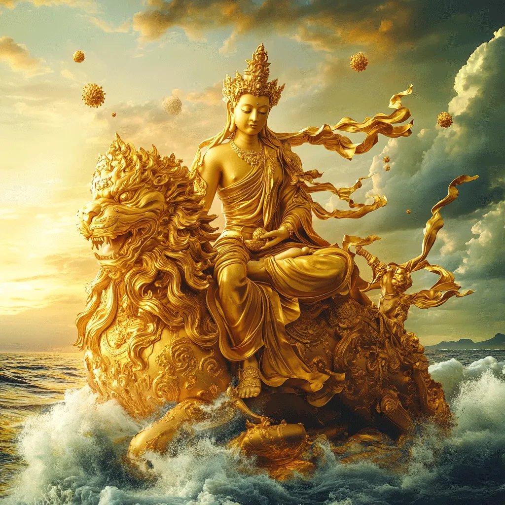 金佛骑雄狮喜金,水金佛庄严护四方狮吼激荡福源生威风凛凛财源至前程