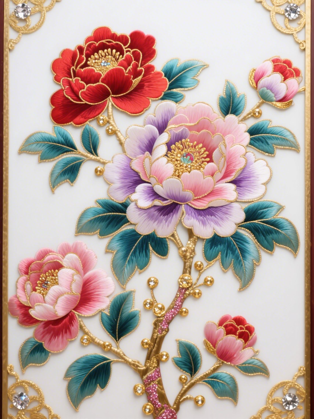 牡丹花的花瓣在阳光下熠熠生辉,仿佛每一片都镶嵌着无数颗微小的钻石