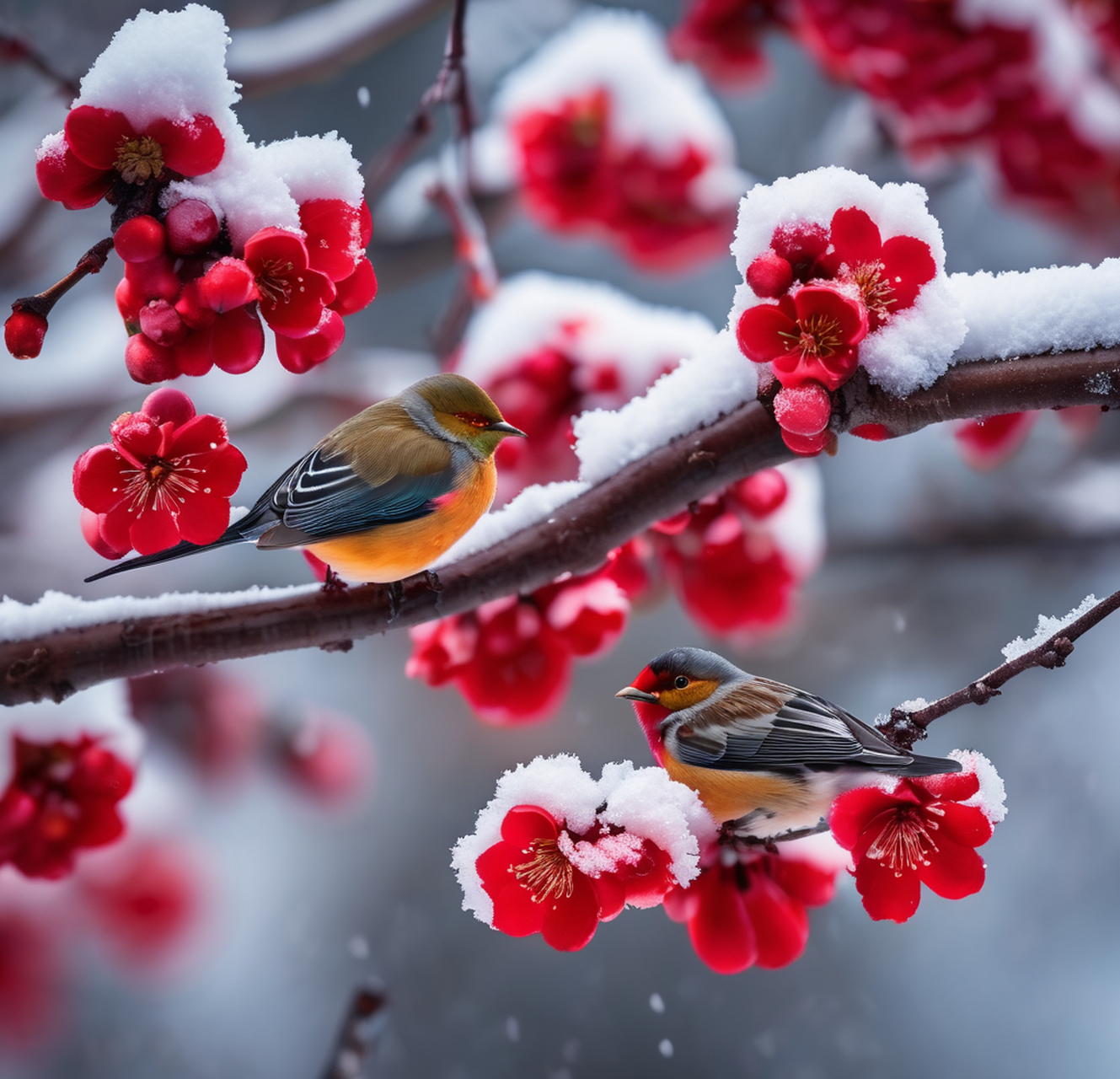 大雪纷飞,红梅花傲然绽放,小鸟在枝头欢快歌唱