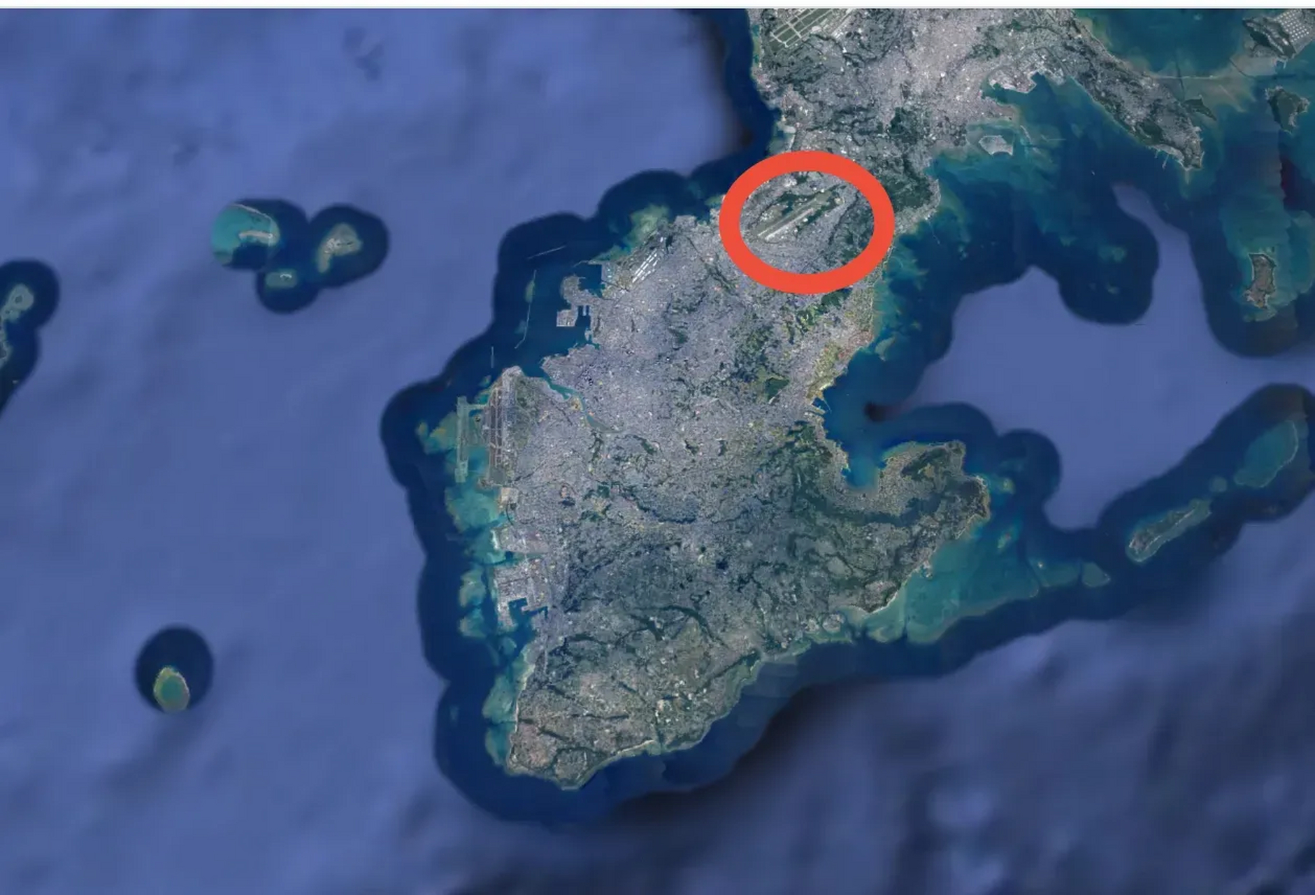 美军驻冲绳普天间基地: 普天间基地位于冲绳群岛宜野湾市普天间川市