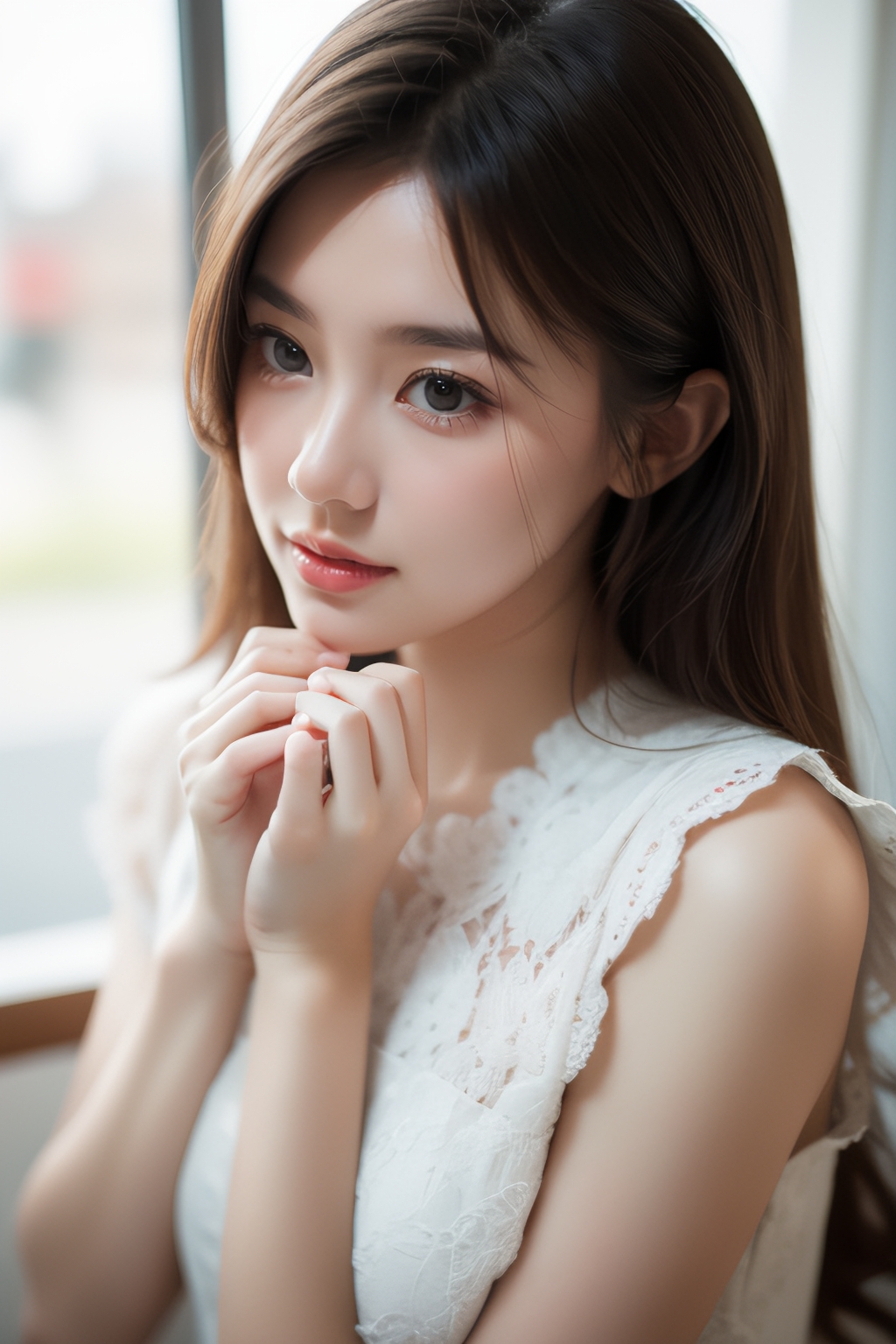 图中这位女孩,身着软软的白色毛衣,散着一头棕色长发,皮肤像雪一般