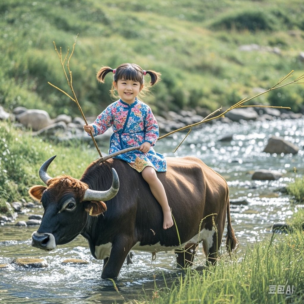 牛儿慢悠悠地走着,时不时低头啃几口鲜嫩的青草