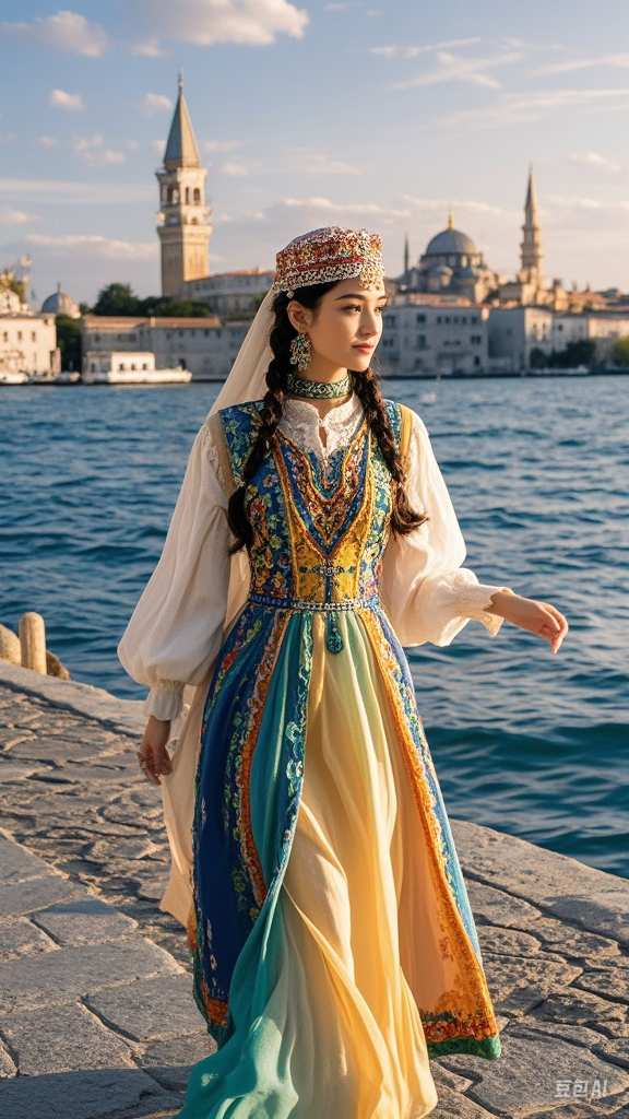 漫步伊斯坦布尔海边,偶遇一袭民族风装的土耳其少女,步履轻盈如画中人