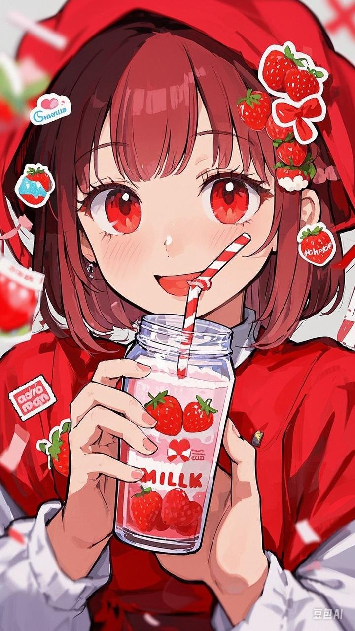 今日份的小确幸,是手握一杯鲜红欲滴的草莓果饮,草莓少女享受着甜蜜