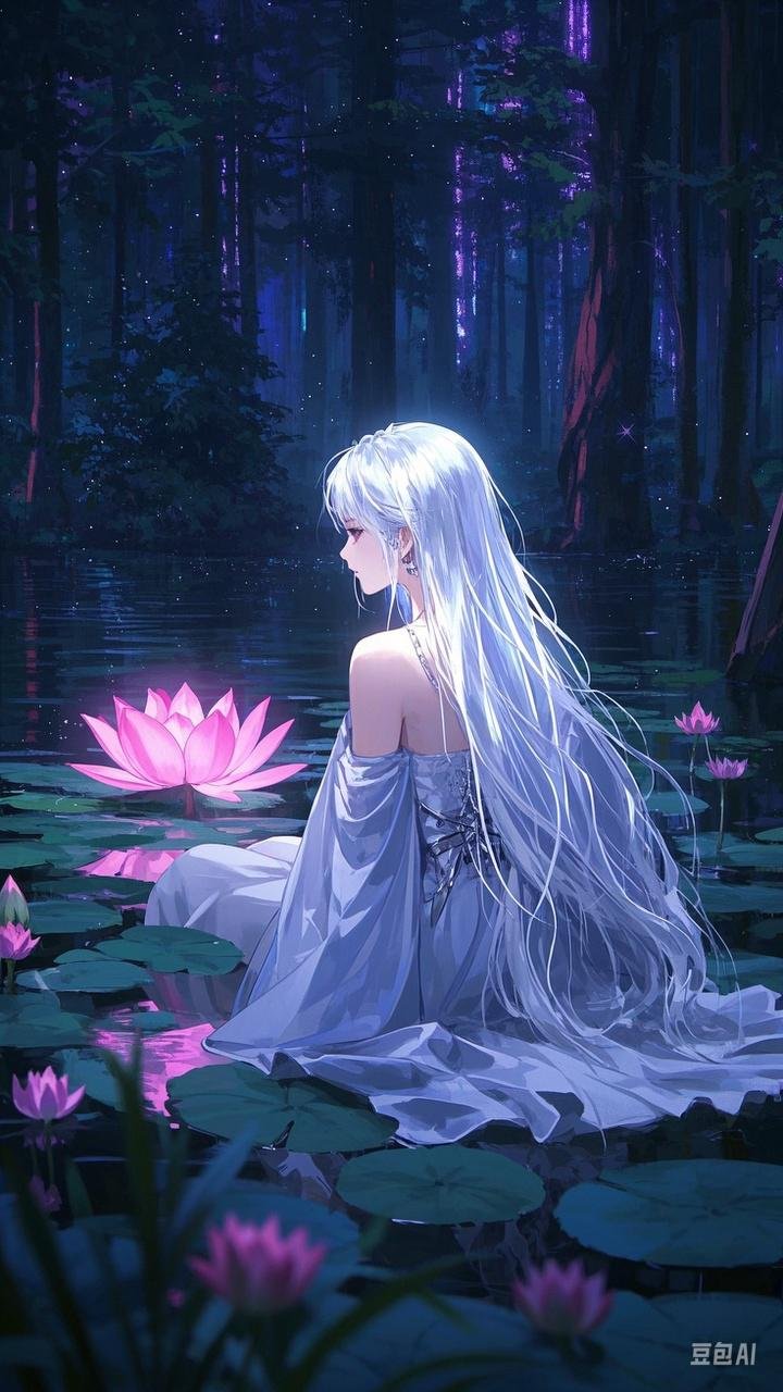 在宁静的夜晚,这幅画中的女孩一同沉醉,她的长发轻拂着水面,仿佛在