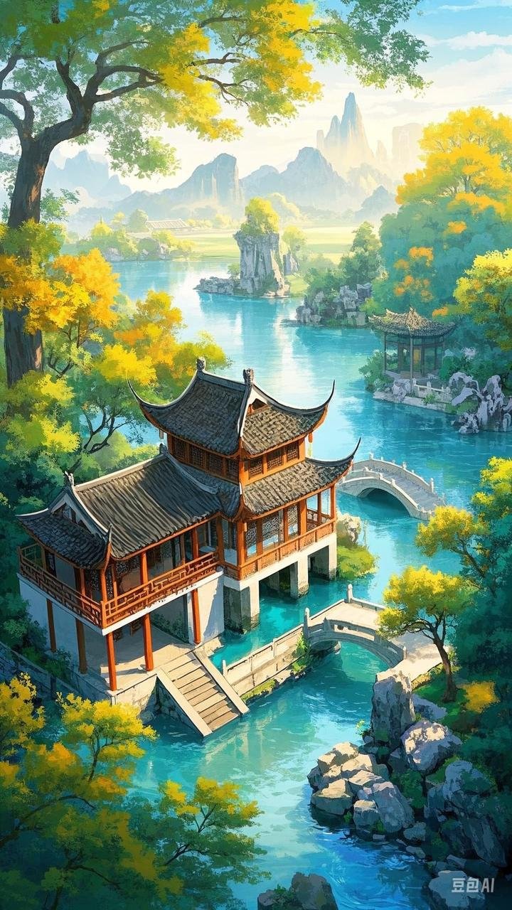 漫步于岭南中式园林,古木参天,曲径通幽,石径上落花轻覆,一步一景,心