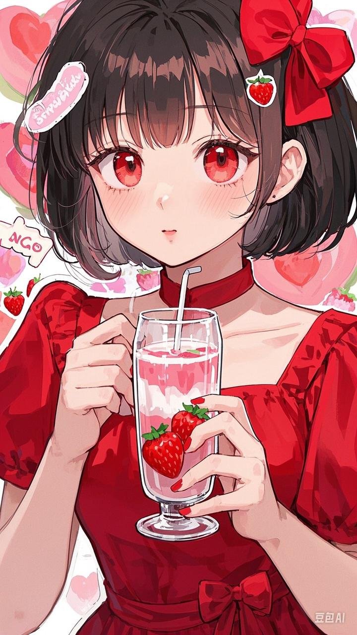 今日份的小确幸,是手握一杯鲜红欲滴的草莓果饮,草莓少女享受着甜蜜
