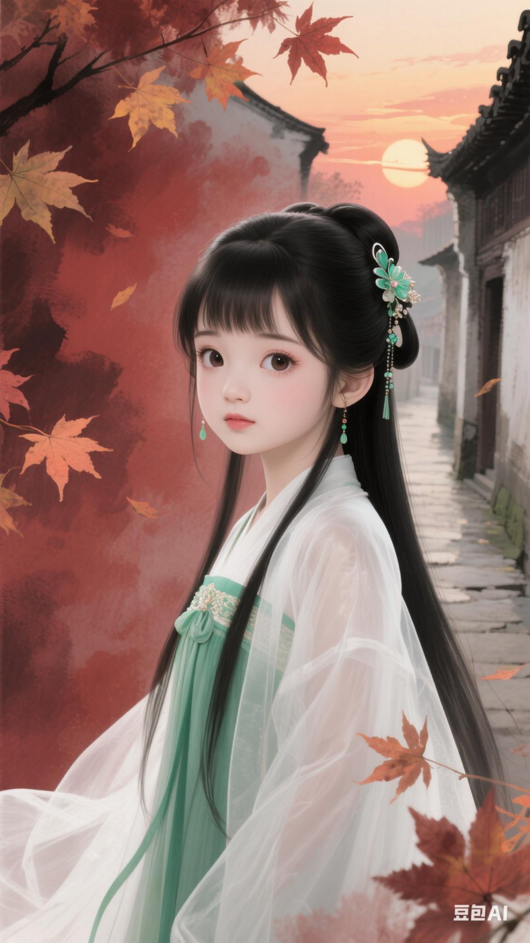 秋日的古风街道,落日余晖中,一位身着汉服的小师妹静静站立,仿佛穿越