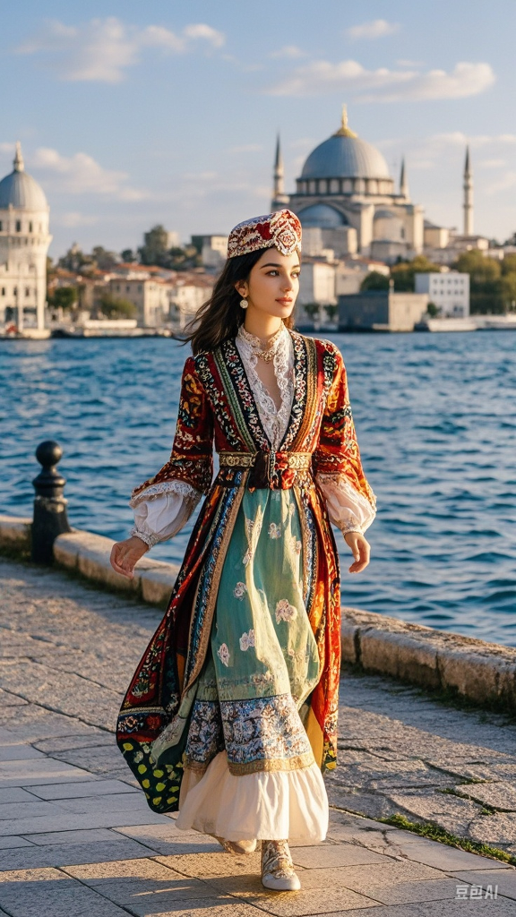 漫步伊斯坦布尔海边,偶遇一袭民族风装的土耳其少女,步履轻盈如画中人