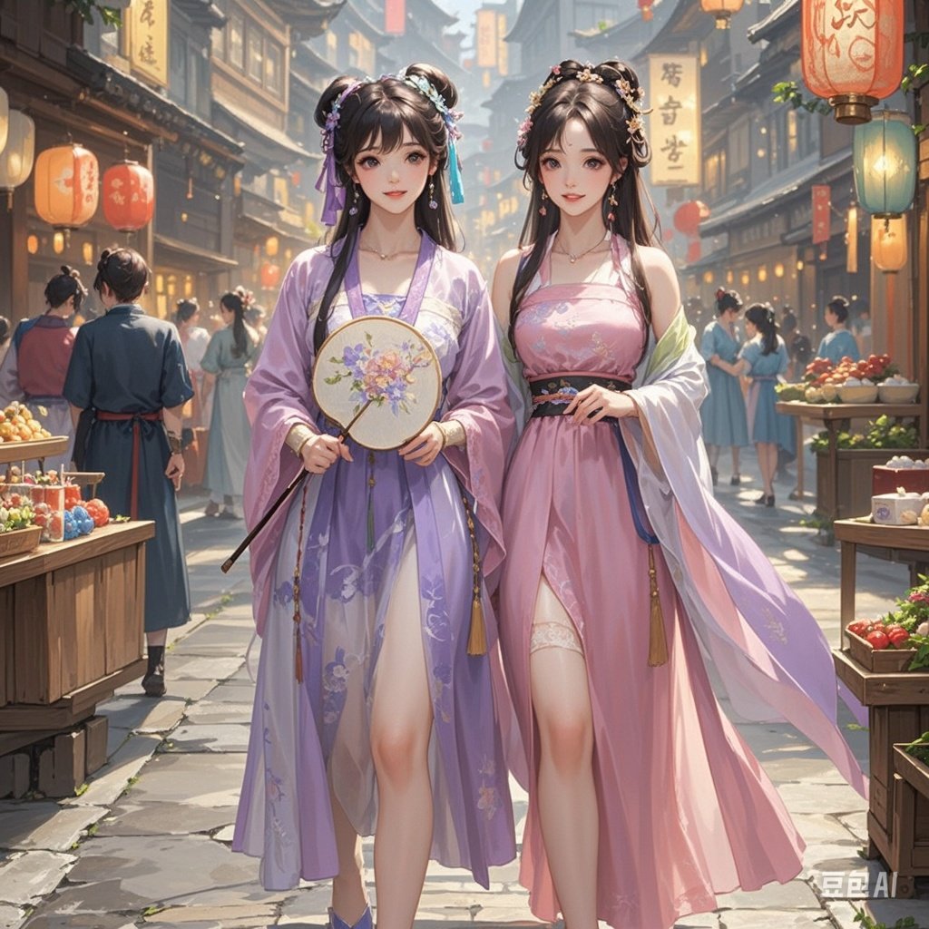 在繁华热闹的古代大街上,大乔和小乔并肩而行.