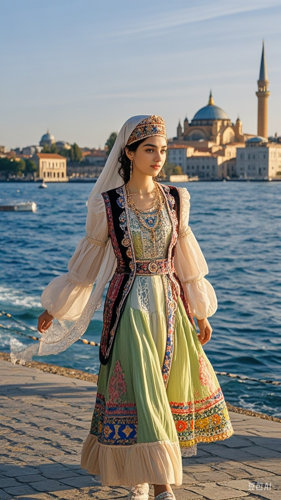 漫步伊斯坦布尔海边,偶遇一袭民族风装的土耳其少女,步履轻盈如画中人