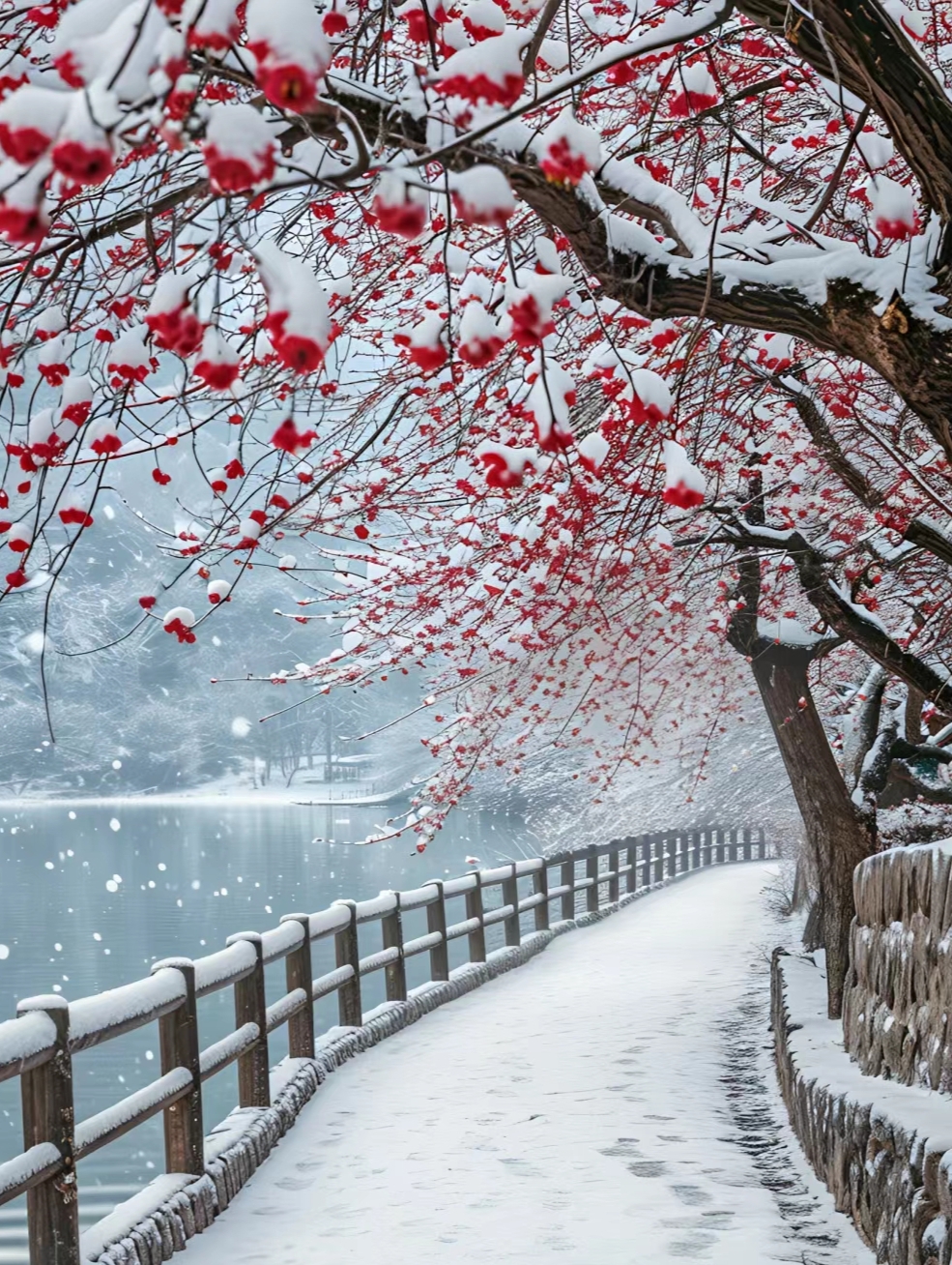 路旁的树枝上挂满了白雪,与红色的花朵相互映衬,宛如一幅动人的画卷