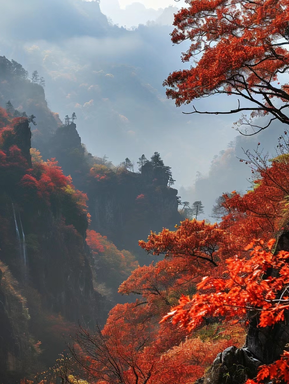 片片红叶,似火燃烧,舞动在微风中.远山如黛,云雾缭绕,宛如仙境.