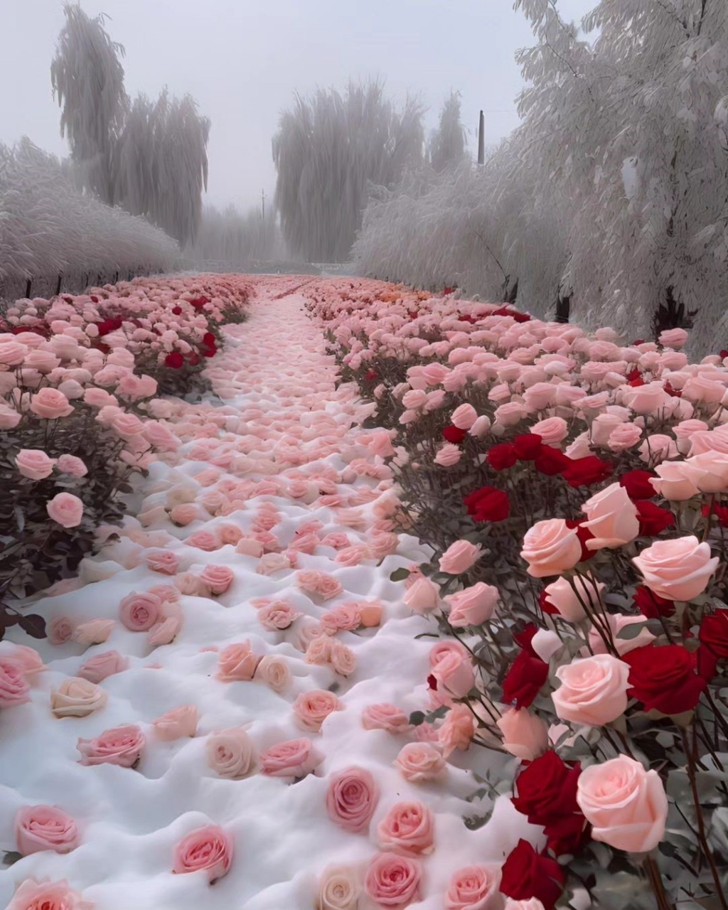 雪中浪漫的玫瑰花海.