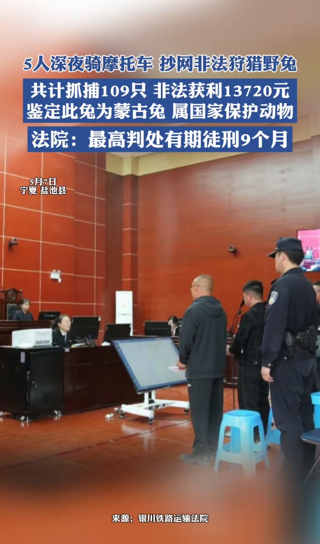 5人深夜骑摩托车抄网非法狩猎野兔 共计抓捕109只非