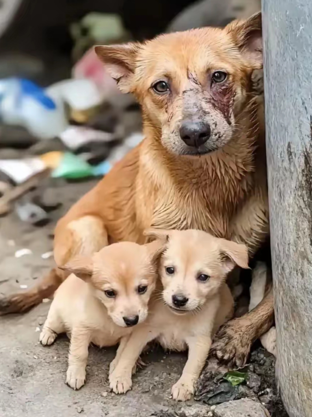 脸上血迹斑斑,身边还有两只可爱的小狗,小狗小心翼翼的靠在妈妈杀边