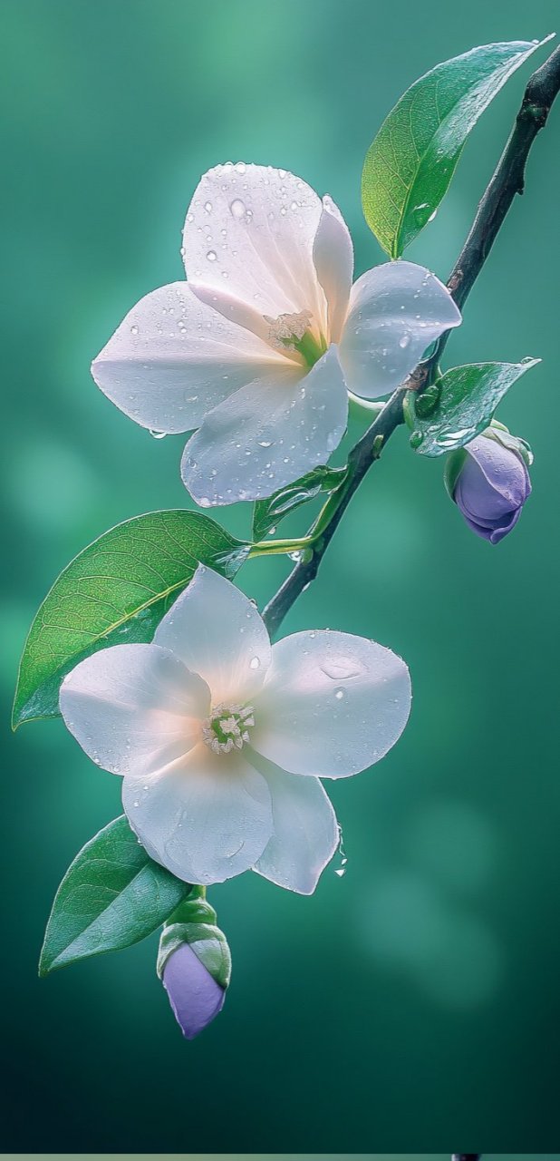 雨珠点缀的白色茶花清新脱俗,宛如初晨的露珠