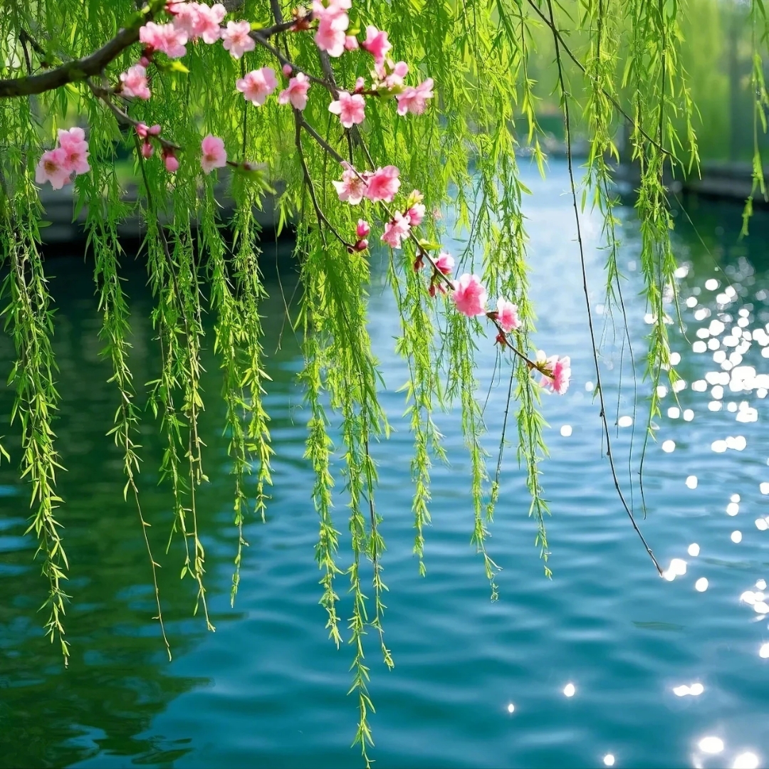 春风拂面水波荡,柳絮轻飘落玉盘
