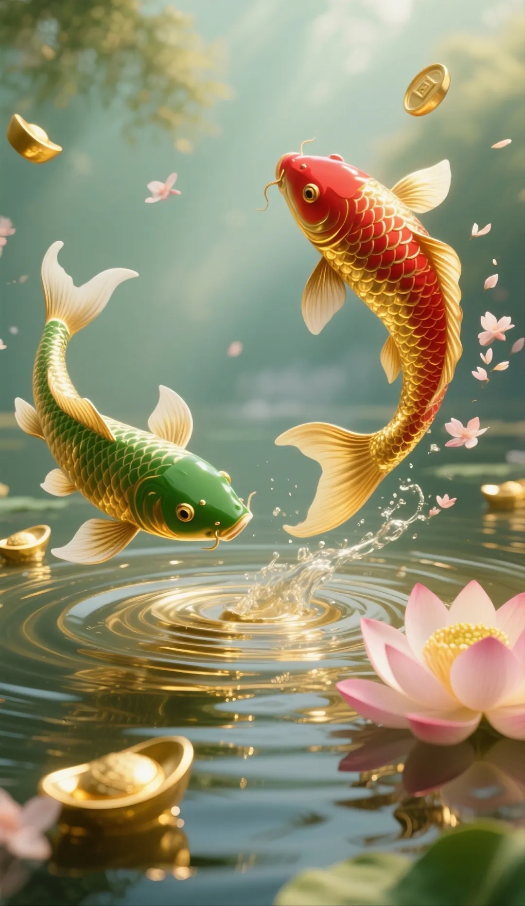 "金鱼跃水来送财,荷花绽放迎富贵