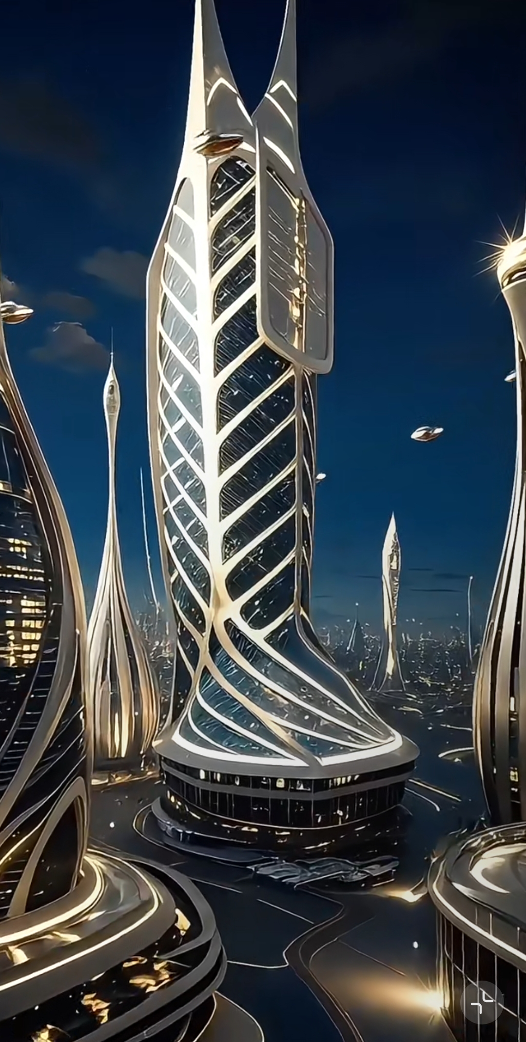 高楼大厦似科幻艺术品,流光溢彩,飞行器穿梭于天际,勾勒出充满科技感