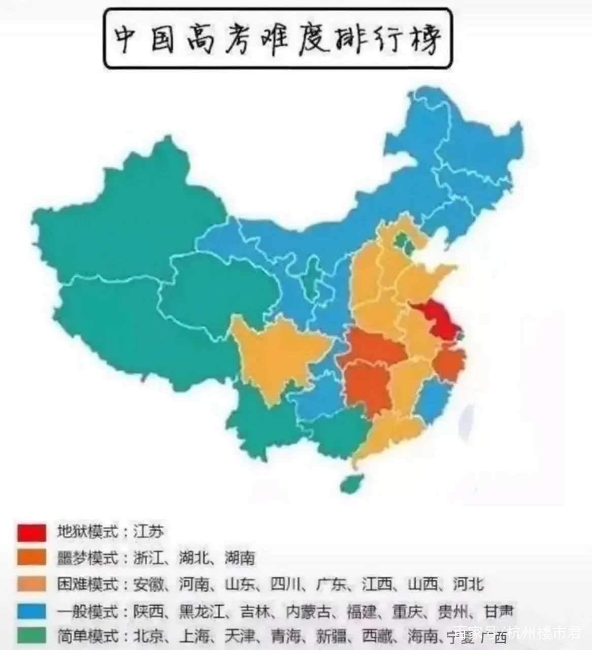 各省高考难度排行榜,分成五个等级:  地狱模式:江苏,难怪江苏人民倾尽
