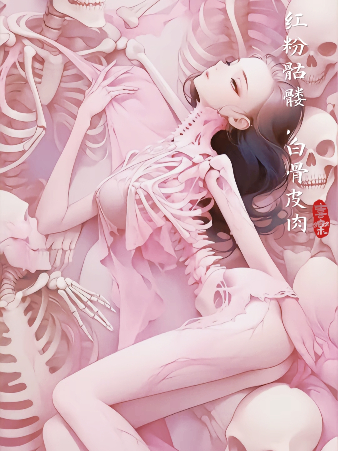 在月夜下,一位身着粉色骷髅装的女性,静静地躺卧于一堆