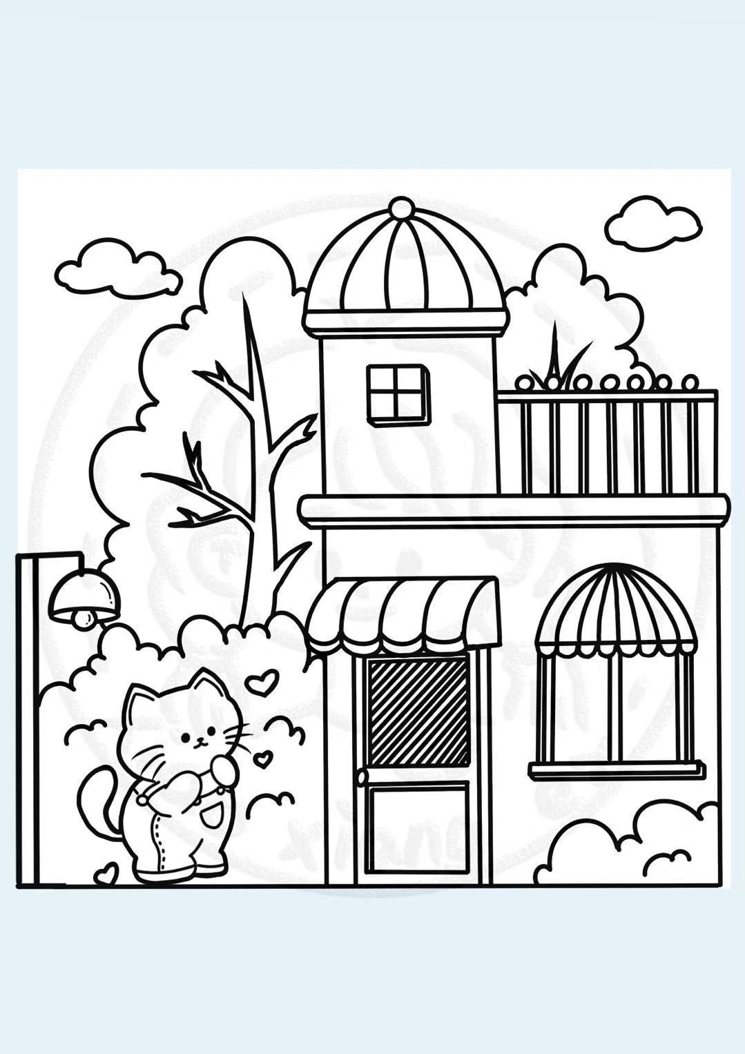 场景画简笔画简单十一只猫盖房子绘画图片场景简笔画民宿简笔画猫咪