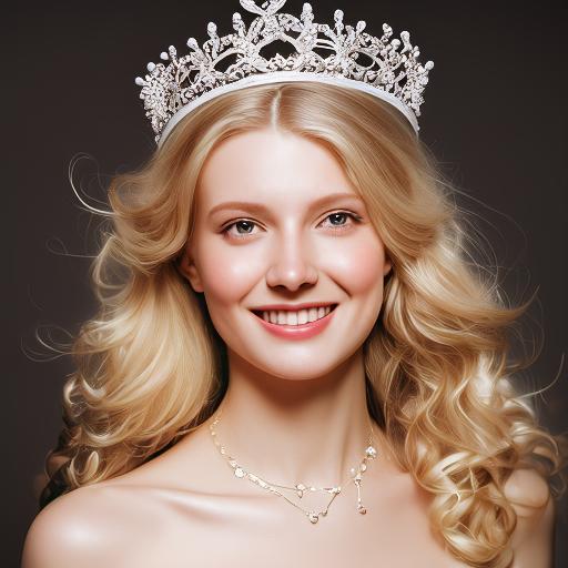金发碧眼,笑颜如花,佩戴钻石王冠,身穿洁白长裙.