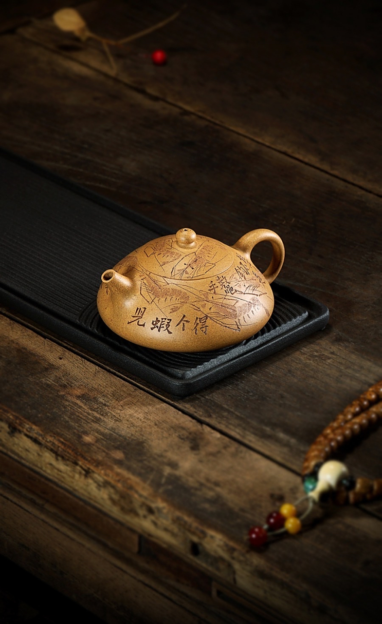 高工刘一飞(野风)「漱石壶」#紫砂壶#  原矿黄金段泥 ,240cc 通体刻绘